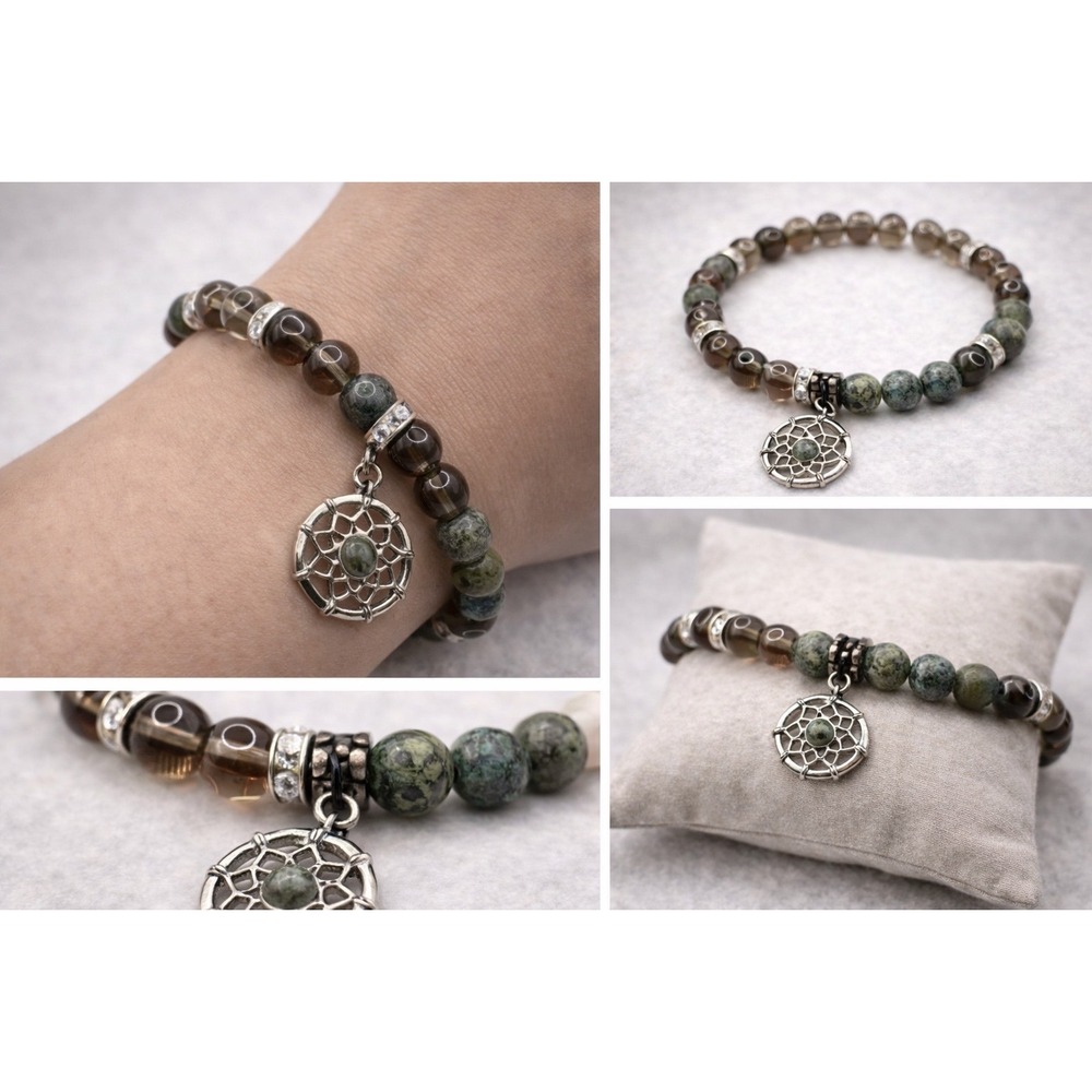 African Turquoise Jasper‎ Smoky Quartz Bracelet Dreamcatcher Witchy Boho